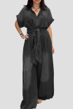 Dark Blue Casual Solid Turndown Collar Short Sleeve Buttons Belted Wide Leg Loose Denim Jumpsuits