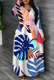 Dark Purple Graphics Print O Neck Long Sleeve Casual Loose Maxi Dresses