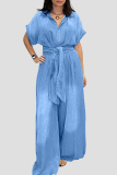 Dark Blue Casual Solid Turndown Collar Short Sleeve Buttons Belted Wide Leg Loose Denim Jumpsuits
