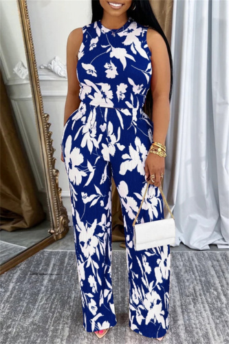 Red Floral Print Basic O Neck Sleeveless Tank Tops And Wide Leg Pants Vacation Casual Two Pieces Trouser Sets