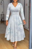 Red Casual Floral Abstract Print V Neck Long Sleeve High Waisted A-line Party Vacation Maxi Dresses