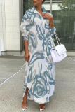 White Brown Floral Print Turndown Collar Long Sleeve Buttons Slit Casual Vacation Maxi Shirt Dresses