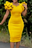 Black V Neck Ruffled Sleeve Office Lady Bodycon Pencil Midi Dress