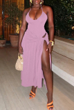 Pink Backless Spaghetti Strap Sleeveless One Pieces Bodysuit And Lace Up Maxi Skirt Vacation Two Pieces Sets