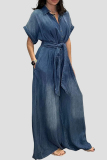 Dark Blue Casual Solid Turndown Collar Short Sleeve Buttons Belted Wide Leg Loose Denim Jumpsuits