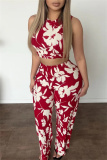 Red Floral Print Basic O Neck Sleeveless Tank Tops And Wide Leg Pants Vacation Casual Two Pieces Trouser Sets