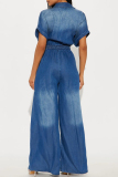 Dark Blue Casual Solid Turndown Collar Short Sleeve Buttons Belted Wide Leg Loose Denim Jumpsuits