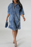 Blue Fringed Trim Half Sleeve Turndown Collar Ripped Buckle Casual Denim Plus Size Mini Dresses