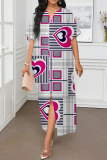 White Graphcis Print Half Sleeve V Neck Slit Casual Vacation Maxi Dresses