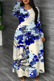 Dark Purple Graphics Print O Neck Long Sleeve Casual Loose Maxi Dresses