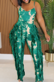 Green Casual Abstract Print Fringed Trim Spaghetti Strap Sleeveless Cami Tops and Pants Vacation Two Pieces Trouser Sets