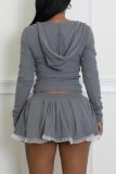Grey Hooded Long Sleeve Lace Crop Tops And Pleated Mini Skirt Sportwear Casual Two Pieces Dress Sets
