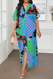 White Graphcis Print Half Sleeve V Neck Slit Casual Vacation Maxi Dresses