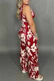 Red Floral Print Basic O Neck Sleeveless Tank Tops And Wide Leg Pants Vacation Casual Two Pieces Trouser Sets