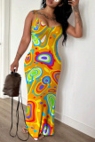 Lake Blue Print Sleeveless Backless Spaghetti Strap Casual Bodycon Maxi Slip Dresses