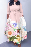 Black Pink Apricot Floral Print Round Neck Three Quarter Sleeve Belted Waisted A-line Vacation Long Dresses