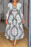 Red Casual Floral Abstract Print V Neck Long Sleeve High Waisted A-line Party Vacation Maxi Dresses