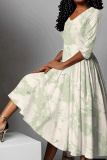 Casual Abstract Floral Print V Neck Half Sleeve High Waisted A-line Vacation Long Maxi Dresses