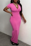 Rose Red Zipper Collar Short Sleeve Casual Bodycon Maxi Dresses