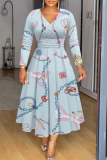 Red Casual Floral Abstract Print V Neck Long Sleeve High Waisted A-line Party Vacation Maxi Dresses