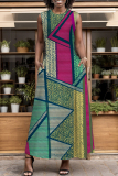 Brown O Neck Off Shoulder Sleeveless Pocket Casual Outings Plus Size Tank Maxi Dress
