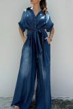 Dark Blue Casual Solid Turndown Collar Short Sleeve Buttons Belted Wide Leg Loose Denim Jumpsuits