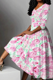 Casual Abstract Floral Print V Neck Half Sleeve High Waisted A-line Vacation Long Maxi Dresses