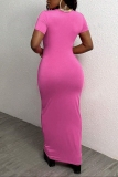 Rose Red Zipper Collar Short Sleeve Casual Bodycon Maxi Dresses