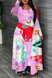 Dark Purple Graphics Print O Neck Long Sleeve Casual Loose Maxi Dresses