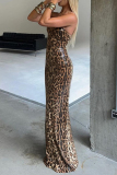 Brown Leopard Sequins Strapless Slit Formal Evening Party Prom Bodycon Tube Maxi Dresses