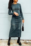 Blue O Neck Long Sleeve Fitted Casual Bodycon Denim Maxi Dresses