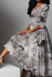 Dark Pink Floral Print V Neck Half Sleeve Casual Vacation A Line Pleated Flowy Maxi Dresses