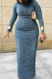 Blue O Neck Long Sleeve Fitted Casual Bodycon Denim Maxi Dresses