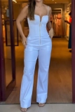 White Casual Backless Sleeveless Zipper Formal Office Lady Bodycon Cami Jumpsuits
