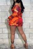Orange Graphcis Print Off Shoulder Long Sleeve Hollow Out Slit Ruffle Trim Night Club Bodycon Mini Dresses