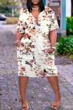 Light Green Casual Colorblock Print V Neck Short Sleeve Pocket Plus Size Vacation Straight Midi Dress