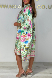 Green Floral Print Buttons V Neck Long Sleeve Casual Vacation Loose Midi Dresses