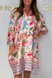 Green Floral Print Buttons V Neck Long Sleeve Casual Vacation Loose Midi Dresses