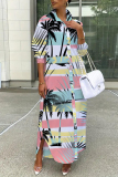 Multicolor Floral Print Turndown Collar Long Sleeve Buttons Slit Casual Vacation Maxi Shirt Dresses