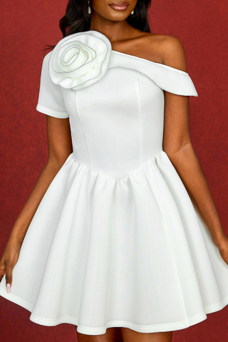 White 3D Flowers Decor Oblique Collar Formal Evening Party Prom A Line Pleated Mini Dresses