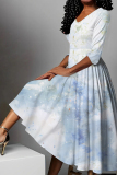 Dark Pink Floral Print V Neck Half Sleeve Casual Vacation A Line Pleated Flowy Maxi Dresses
