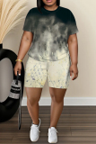 Grey Graphics Print O Neck Short Sleeve Oversize T Shirt and Shorts Sportwear Plus Size Two Piece Matching Set