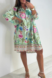 Green Floral Print Buttons V Neck Long Sleeve Casual Vacation Loose Midi Dresses