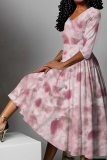 Dark Pink Floral Print V Neck Half Sleeve Casual Vacation A Line Pleated Flowy Maxi Dresses