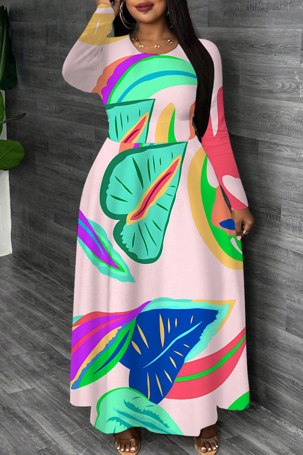 Apricot Graphics Print O Neck Long Sleeve Casual Loose Vacation Maxi Dresses