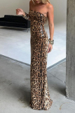 Brown Leopard Sequins Strapless Slit Formal Evening Party Prom Bodycon Tube Maxi Dresses