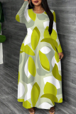 Apricot Graphics Print O Neck Long Sleeve Casual Loose Vacation Maxi Dresses