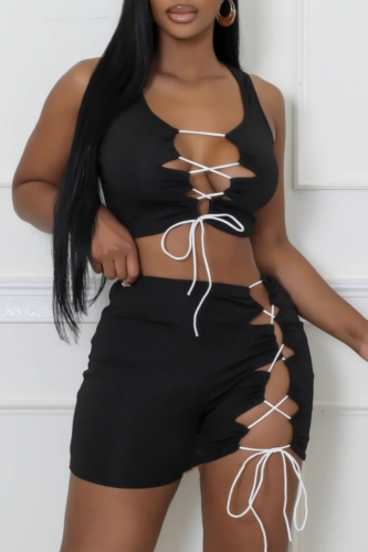Orange U Neck Sleeveless Lace Up Cut-Outs Crop Tops And Mini Skirt Night Club Two Pieces Dress Sets