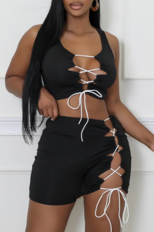 Orange U Neck Sleeveless Lace Up Cut-Outs Crop Tops And Mini Skirt Night Club Two Pieces Dress Sets