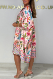 Green Floral Print Buttons V Neck Long Sleeve Casual Vacation Loose Midi Dresses